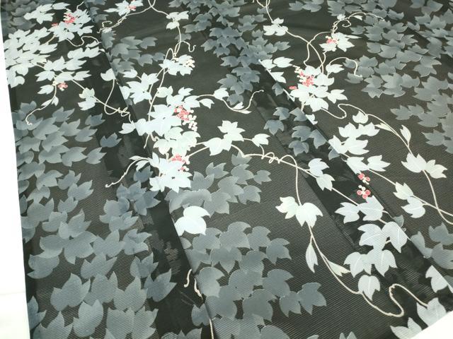 平和屋着物＊夏物 小紋 絽 葡萄蔦の葉文 黒地 洗える着物 DABA4495az