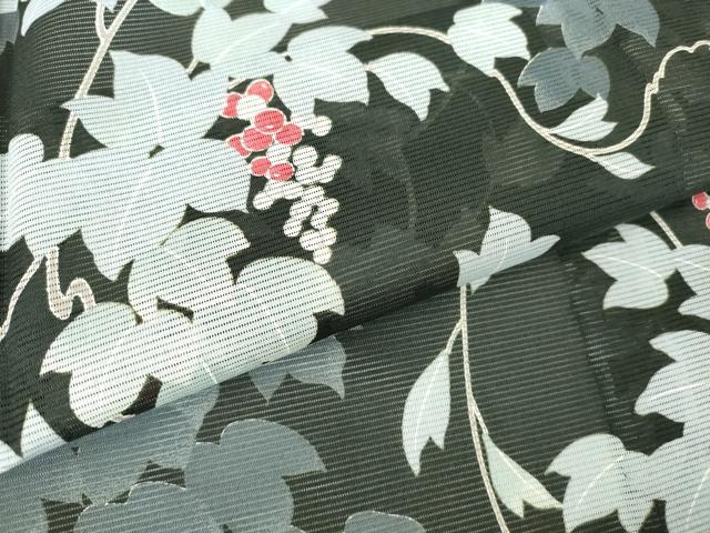 平和屋着物＊夏物 小紋 絽 葡萄蔦の葉文 黒地 洗える着物 DABA4495az