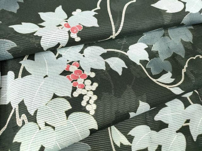 平和屋着物＊夏物 小紋 絽 葡萄蔦の葉文 黒地 洗える着物 DABA4495az