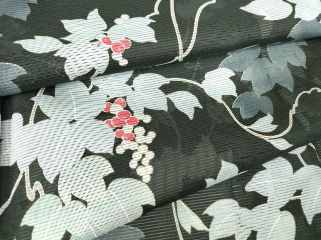 平和屋着物＊夏物 小紋 絽 葡萄蔦の葉文 黒地 洗える着物 DABA4495az