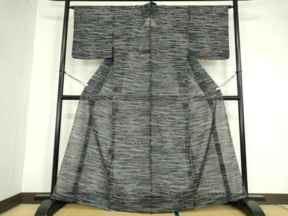 平和屋着物＊夏物 小紋 絽 流水文 黒地 洗える着物 DABA4496az