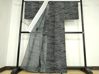 平和屋着物＊夏物 小紋 絽 流水文 黒地 洗える着物 DABA4496az