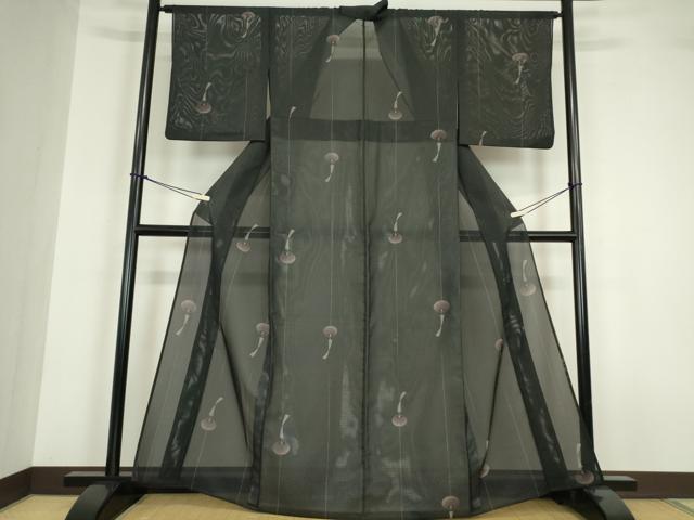 平和屋着物＊夏物 小紋 絽 風鈴 黒地 洗える着物 DABA4499az