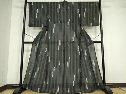 平和屋着物＊夏物 小紋 絽 短冊花文 黒地 洗える着物 DABA4500az