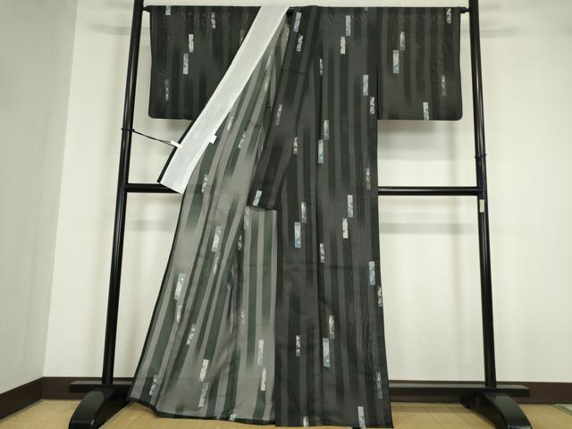 平和屋着物＊夏物 小紋 絽 短冊花文 黒地 洗える着物 DABA4500az