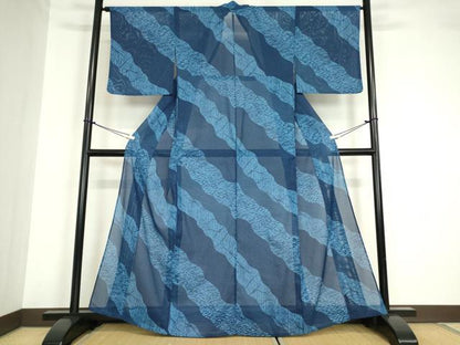 平和屋着物＊夏物 小紋 絽 藍 型染 道長流水松文 洗える着物 DABA4505az