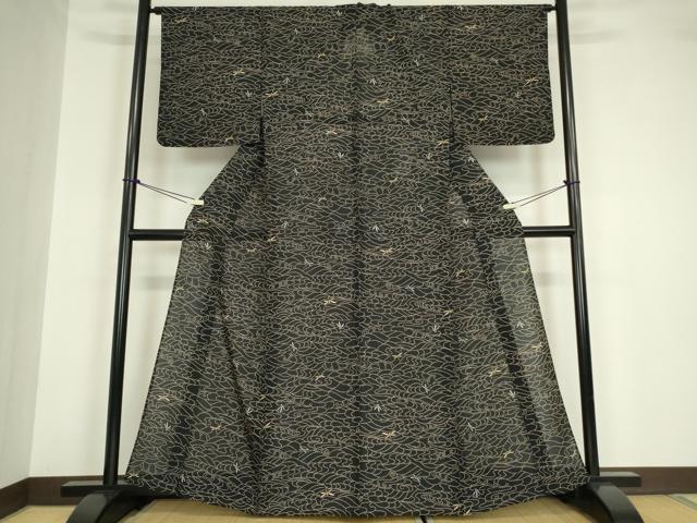 平和屋着物＊夏物 小紋 絽 流水に蜻蛉 黒地 洗える着物 DABA4508az