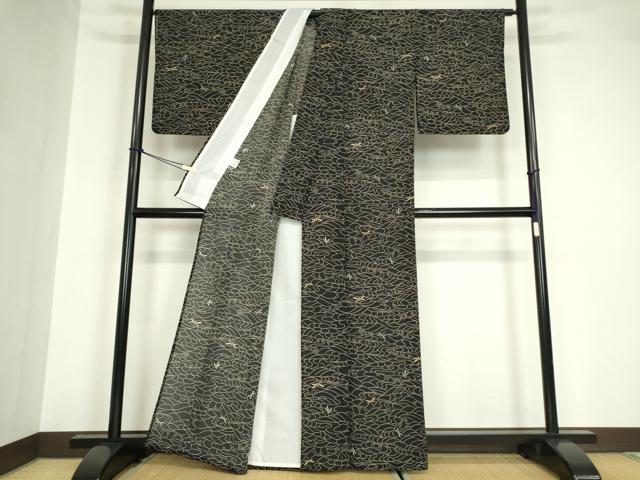 平和屋着物＊夏物 小紋 絽 流水に蜻蛉 黒地 洗える着物 DABA4508az
