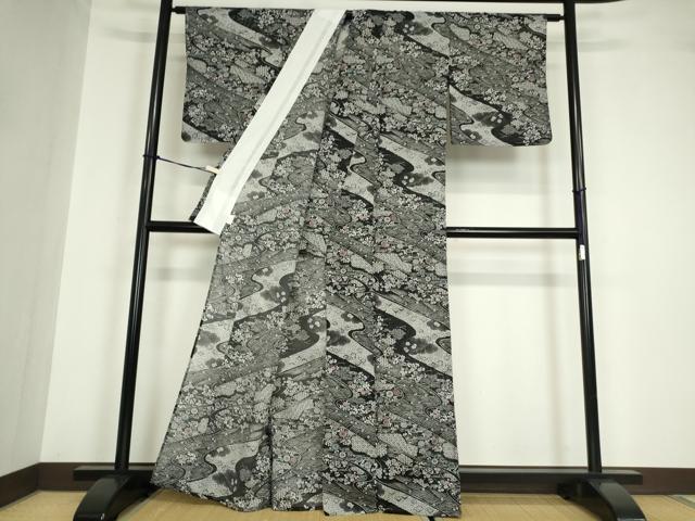 平和屋着物＊夏物 小紋 絽 流水七宝吉祥花文 黒地 洗える着物 DABA4515az