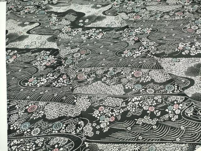 平和屋着物＊夏物 小紋 絽 流水七宝吉祥花文 黒地 洗える着物 DABA4515az