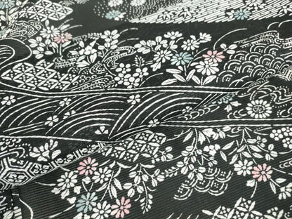 平和屋着物＊夏物 小紋 絽 流水七宝吉祥花文 黒地 洗える着物 DABA4515az