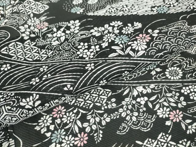 平和屋着物＊夏物 小紋 絽 流水七宝吉祥花文 黒地 洗える着物 DABA4515az