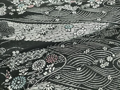 平和屋着物＊夏物 小紋 絽 流水七宝吉祥花文 黒地 洗える着物 DABA4515az