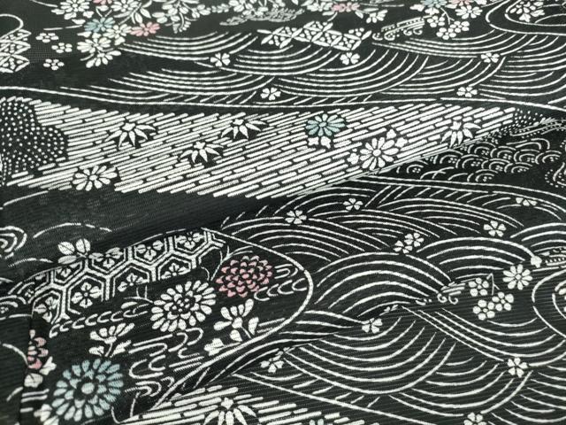平和屋着物＊夏物 小紋 絽 流水七宝吉祥花文 黒地 洗える着物 DABA4515az