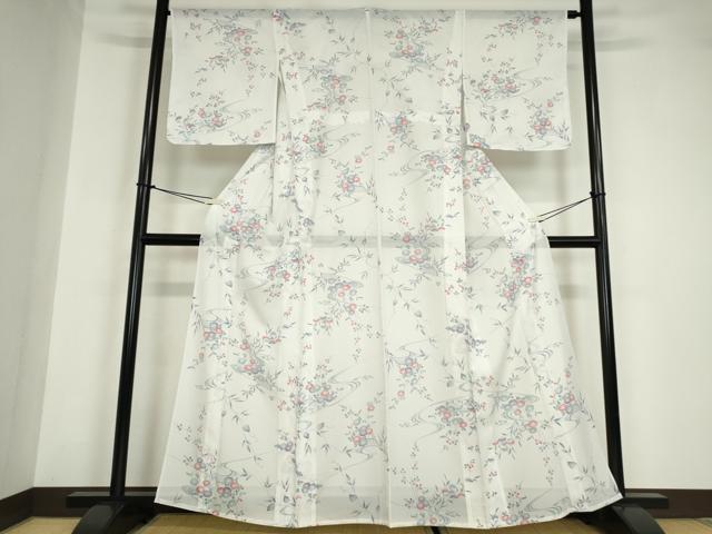 平和屋着物＊夏物 小紋 絽 籬流水花文 洗える着物 DABA4517az