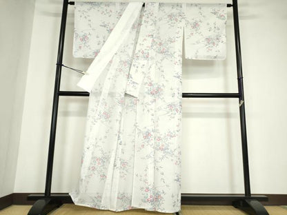 平和屋着物＊夏物 小紋 絽 籬流水花文 洗える着物 DABA4517az