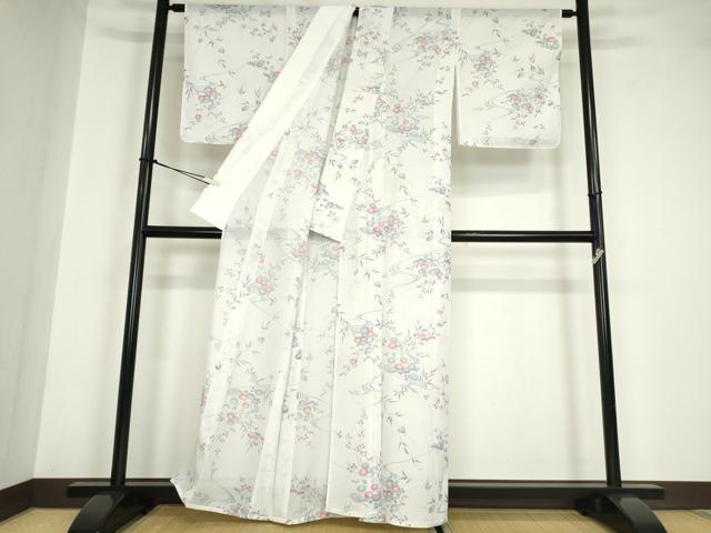 平和屋着物＊夏物 小紋 絽 籬流水花文 洗える着物 DABA4517az