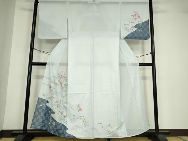 平和屋着物＊夏物 訪問着 絽 舞蝶花文 銀彩 洗える着物 DABA4530az