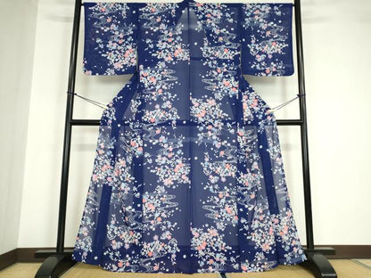 平和屋着物＊夏物 小紋 絽 流水桜文 洗える着物 DABA4533az