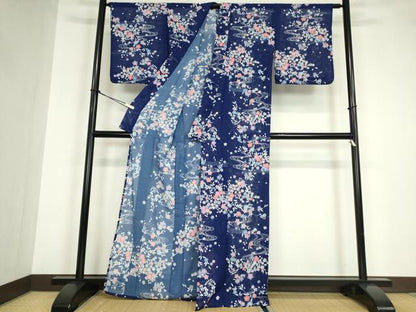 平和屋着物＊夏物 小紋 絽 流水桜文 洗える着物 DABA4533az