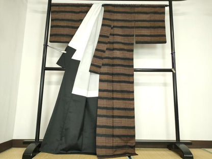平和屋着物●上質な紬 格子 正絹 逸品 DABA4558az