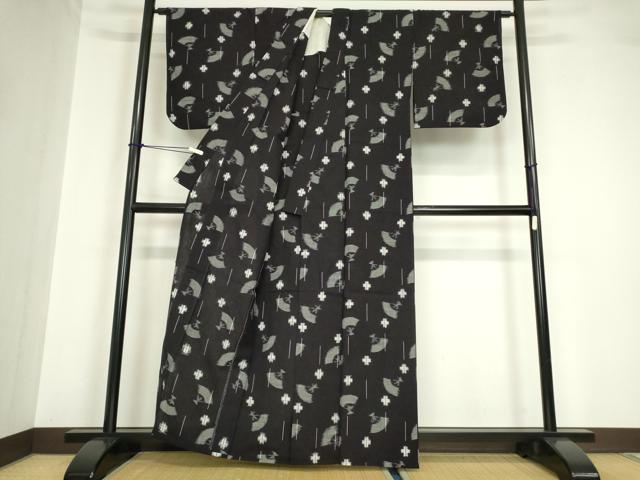 平和屋着物●久留米絣 単衣 綿 扇面絣文 逸品 DABA4569az