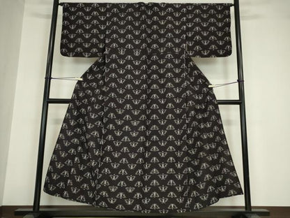 平和屋着物●久留米絣 単衣 綿 舞蝶文 黒地 逸品 DABA4572az