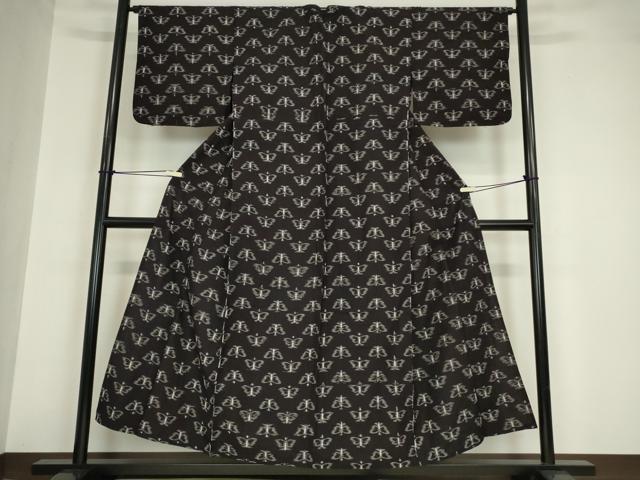 平和屋着物●久留米絣 単衣 綿 舞蝶文 黒地 逸品 DABA4572az