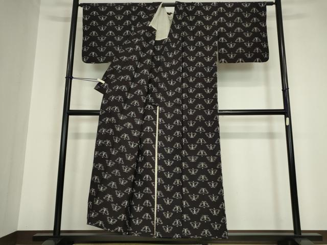 平和屋着物●久留米絣 単衣 綿 舞蝶文 黒地 逸品 DABA4572az