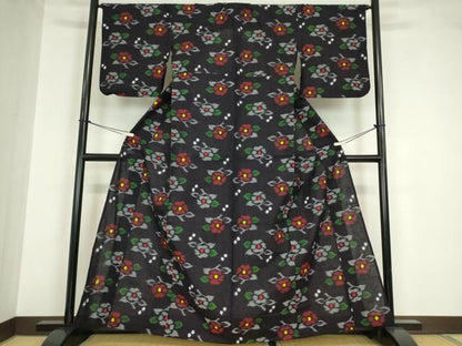 平和屋着物●久留米絣 単衣 綿 草花文 正絹 逸品 DABA4573az