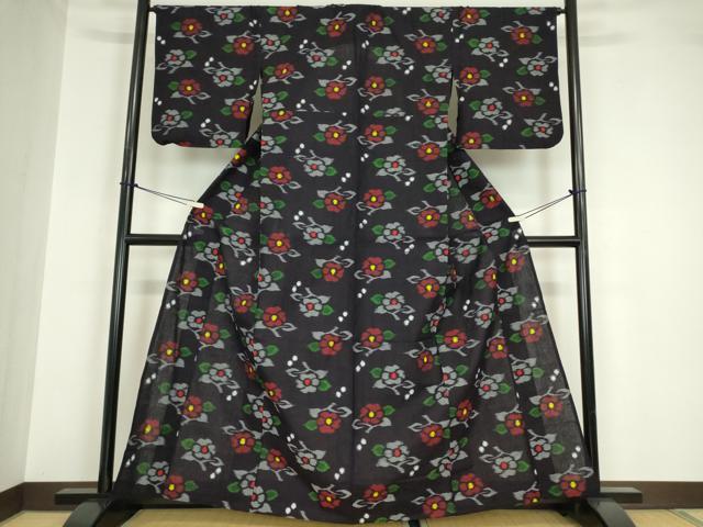 平和屋着物●久留米絣 単衣 綿 草花文 正絹 逸品 DABA4573az