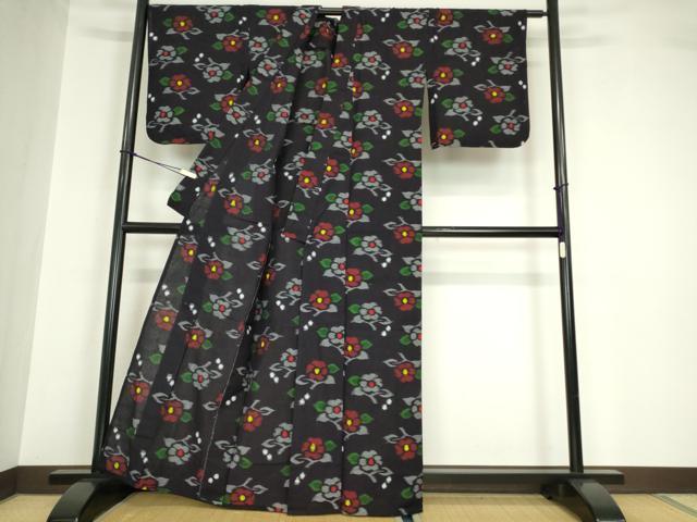 平和屋着物●久留米絣 単衣 綿 草花文 正絹 逸品 DABA4573az