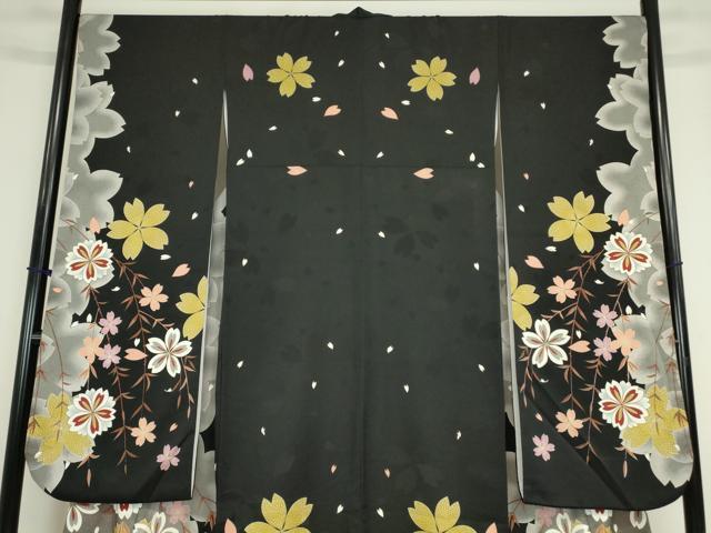 平和屋着物●豪華振袖 舞桜文 黒地 金彩 正絹 逸品 DABA4580az