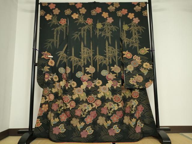 平和屋着物●豪華振袖 宝尽くし花文 黒地 正絹 逸品 DABA4581az