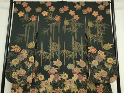 平和屋着物●豪華振袖 宝尽くし花文 黒地 正絹 逸品 DABA4581az