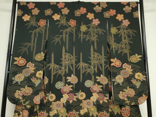 平和屋着物●豪華振袖 宝尽くし花文 黒地 正絹 逸品 DABA4581az