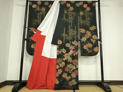 平和屋着物●豪華振袖 宝尽くし花文 黒地 正絹 逸品 DABA4581az