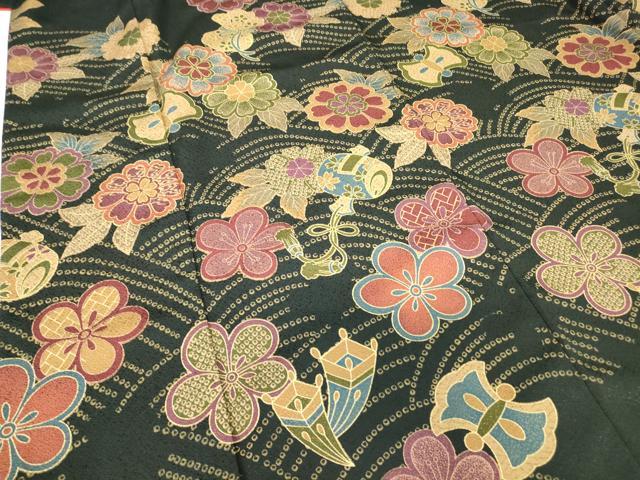 平和屋着物●豪華振袖 宝尽くし花文 黒地 正絹 逸品 DABA4581az