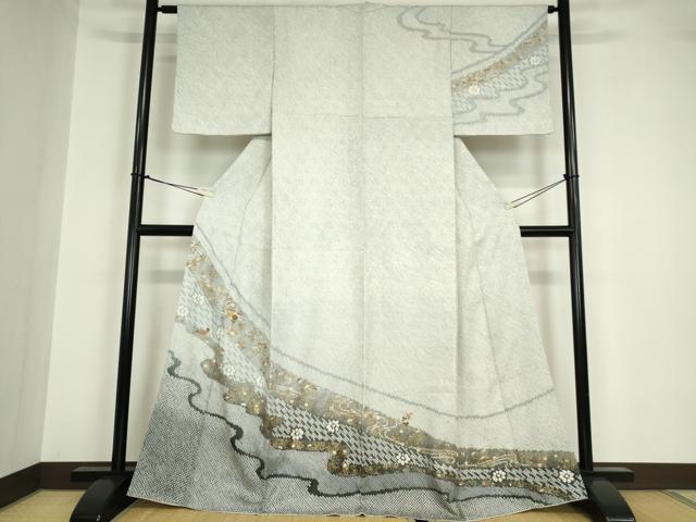 平和屋着物●訪問着 総絞り 刺繍 流水花文 金彩 正絹 逸品 DABA4590az