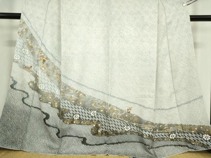 平和屋着物●訪問着 総絞り 刺繍 流水花文 金彩 正絹 逸品 DABA4590az