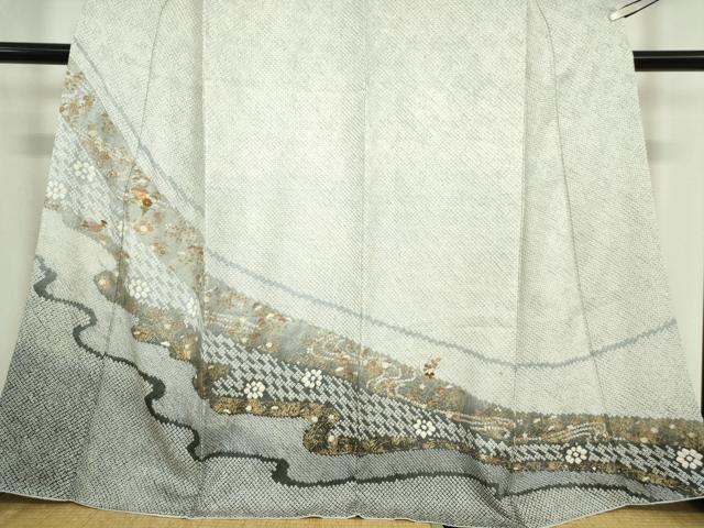 平和屋着物●訪問着 総絞り 刺繍 流水花文 金彩 正絹 逸品 DABA4590az