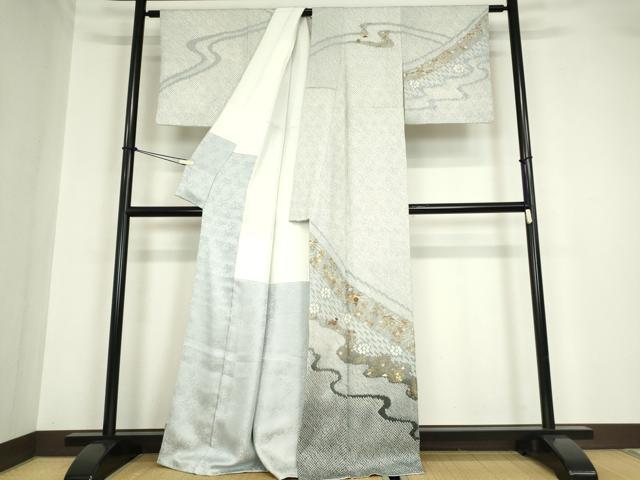 平和屋着物●訪問着 総絞り 刺繍 流水花文 金彩 正絹 逸品 DABA4590az