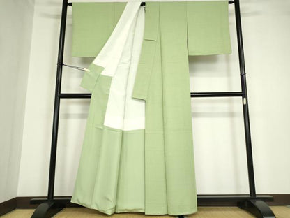 平和屋着物●上質な色無地　横段地紋　若葉色　正絹　逸品　DABA4602az