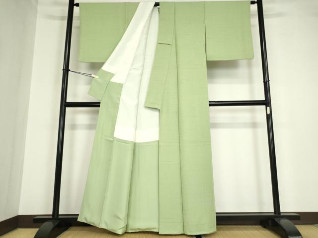 平和屋着物●上質な色無地　横段地紋　若葉色　正絹　逸品　DABA4602az