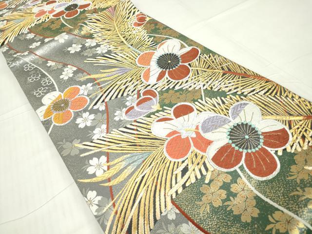 平和屋着物▼六通柄袋帯 若松春薫文 金銀糸 正絹 逸品 DABA4615az