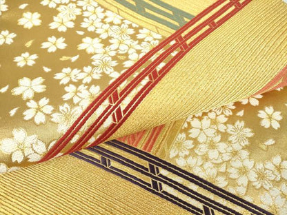 平和屋着物▼六通柄袋帯 渡り橋舞桜文 金糸 鈴乃屋扱い 正絹 逸品 DABA4619az