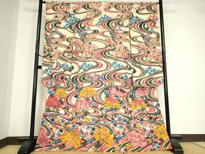 平和屋着物●豪華振袖 紅型 流水花文 正絹 逸品 DABA4628az