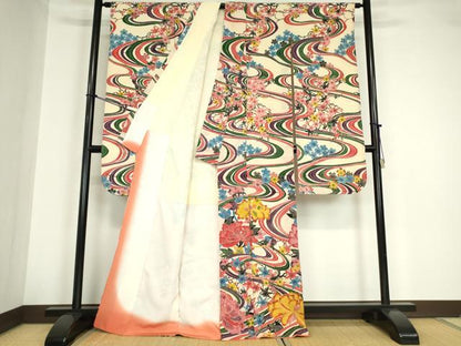 平和屋着物●豪華振袖 紅型 流水花文 正絹 逸品 DABA4628az