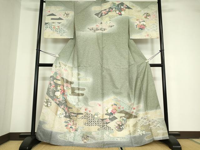 平和屋着物●訪問着 本場大島紬 霞花丸文 金銀彩 正絹 逸品 DABA4644az