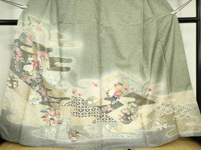 平和屋着物●訪問着 本場大島紬 霞花丸文 金銀彩 正絹 逸品 DABA4644az